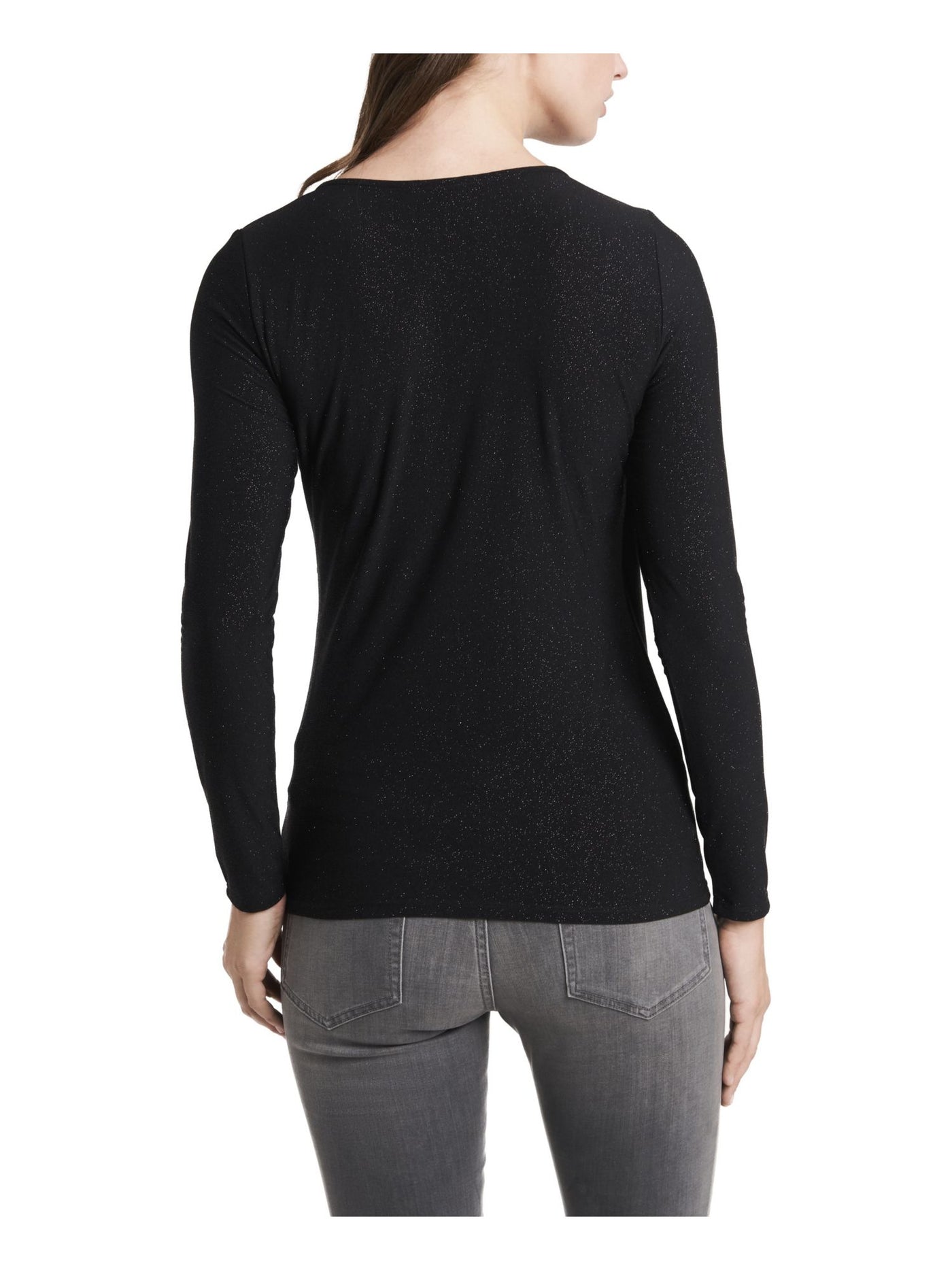 VINCE CAMUTO Womens Black Cut Out Glitter Ruched Long Sleeve Crew Neck Cocktail Top XS