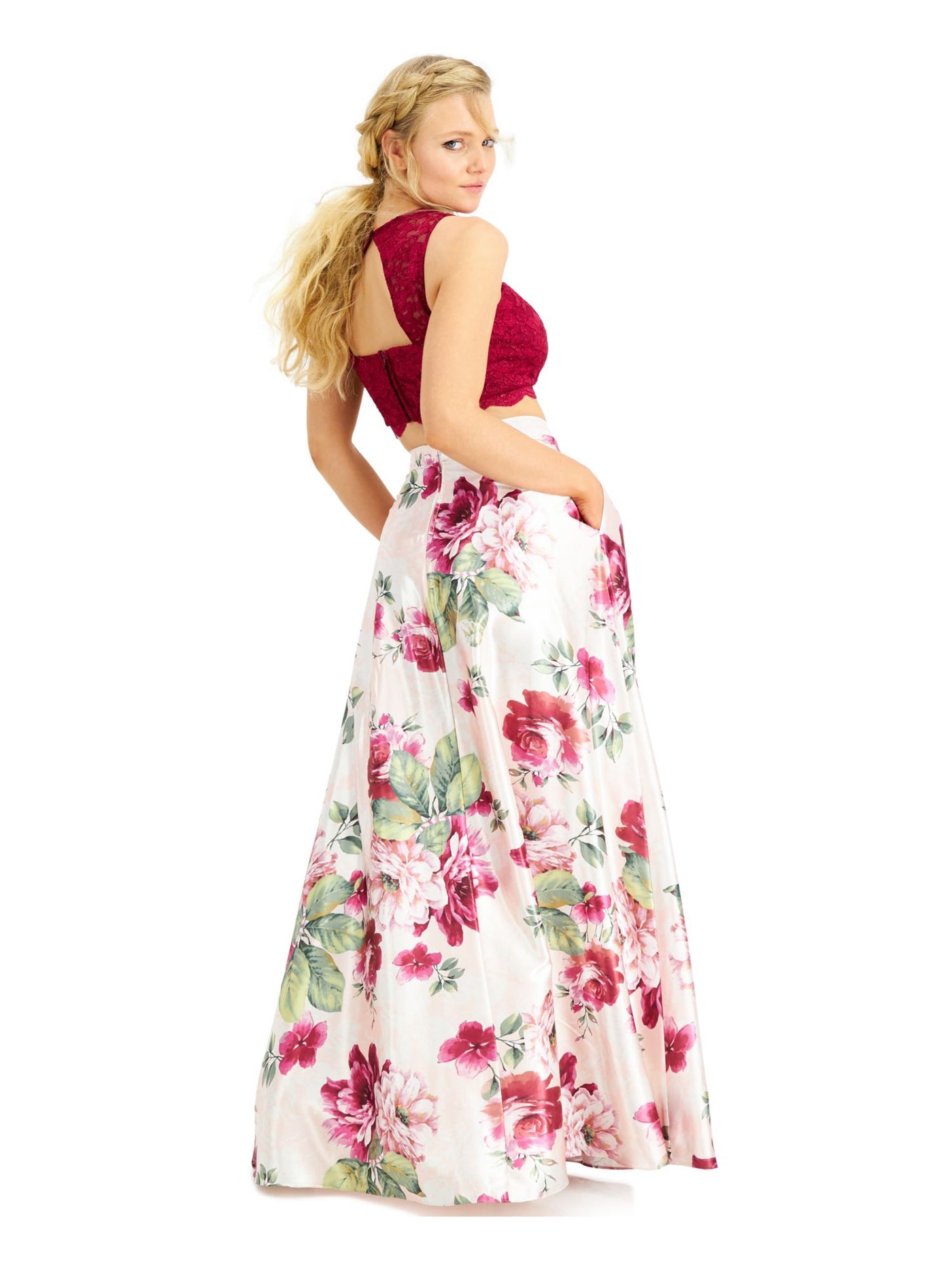 CRYSTAL DOLLS Womens Pink Zippered Pocketed Lined Floral Full-Length Prom A-Line Skirt Juniors 15