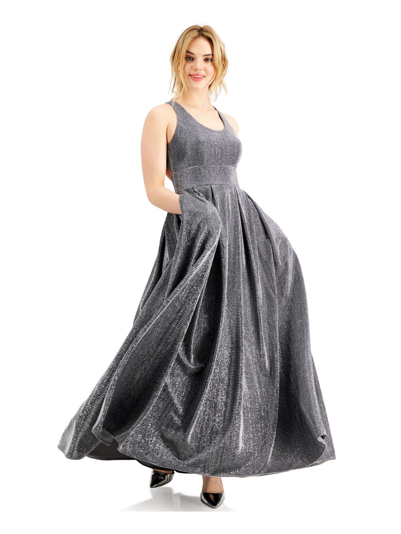 MORGAN & CO Womens Silver Glitter Pleated Gown Sleeveless Scoop Neck Full-Length Formal Fit + Flare Dress Juniors 1