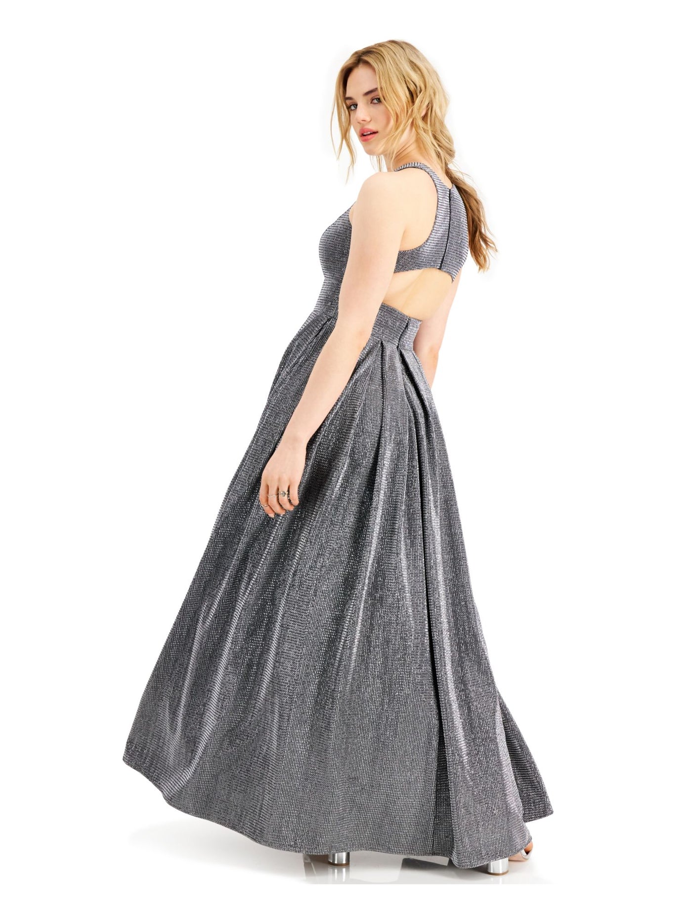 MORGAN & CO Womens Silver Glitter Pleated Gown Sleeveless Scoop Neck Full-Length Formal Fit + Flare Dress 1