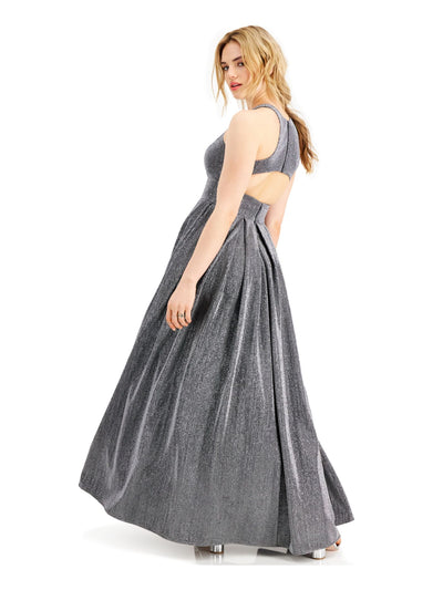 MORGAN & CO Womens Gray Glitter Pleated Gown Sleeveless Scoop Neck Full-Length Formal Fit + Flare Dress 3