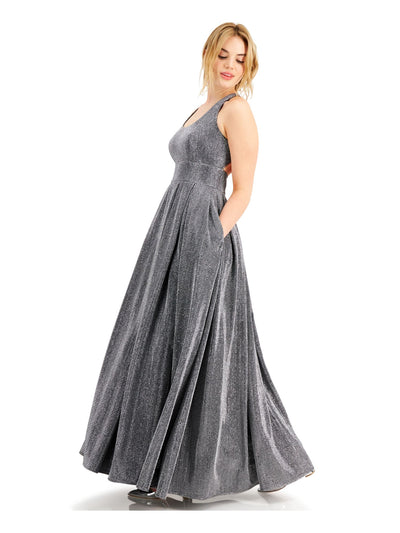 MORGAN & CO Womens Silver Glitter Pleated Gown Sleeveless Scoop Neck Full-Length Formal Fit + Flare Dress 1