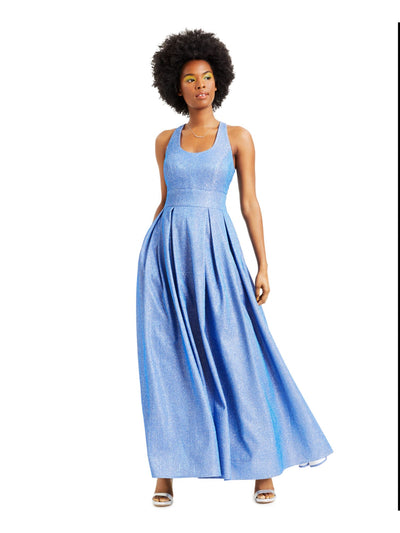MORGAN & CO Womens Blue Glitter Pleated Gown Sleeveless Scoop Neck Full-Length Formal Fit + Flare Dress Juniors 1