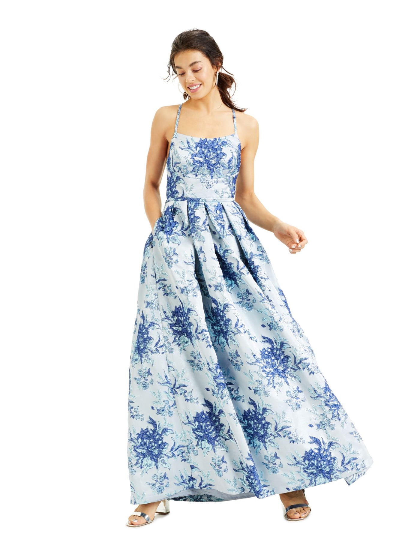 MORGAN & CO Womens Blue Pleated Floral Spaghetti Strap Square Neck Maxi Evening Dress Juniors 5