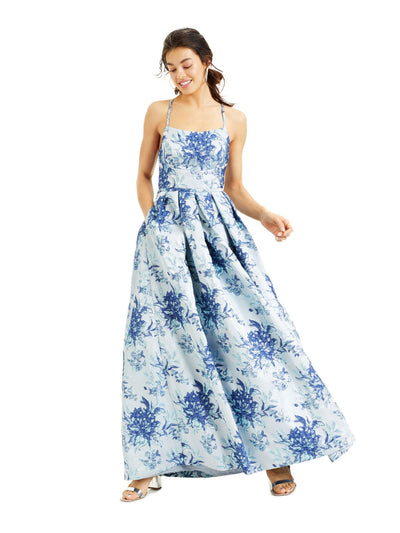 MORGAN & CO Womens Light Blue Pleated Floral Spaghetti Strap Square Neck Maxi Evening Fit + Flare Dress Juniors 9