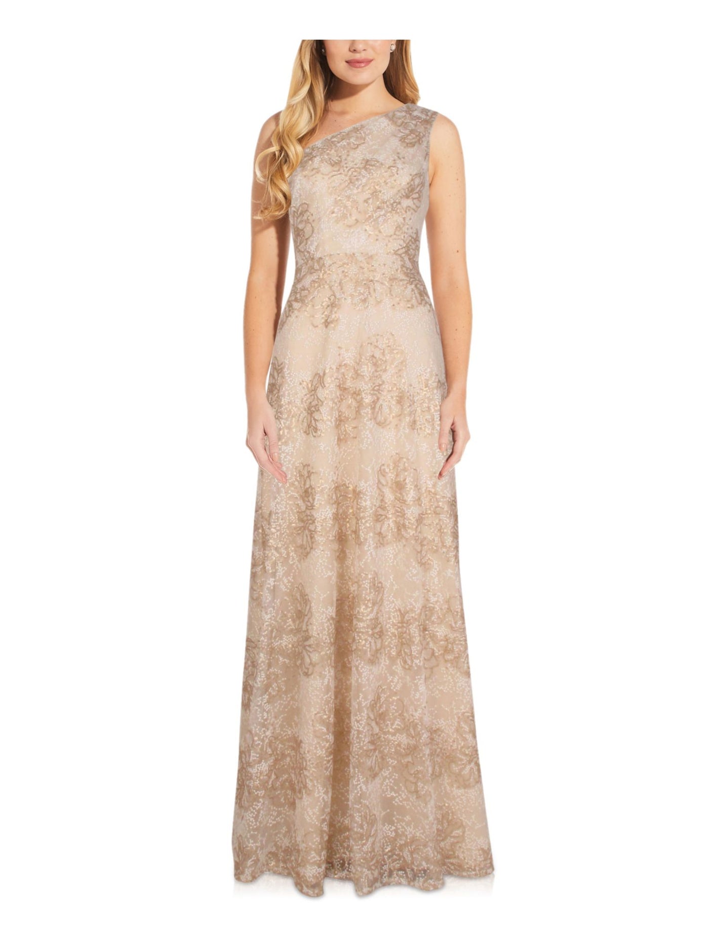ADRIANNA PAPELL Womens Beige Beaded Floral Sleeveless Jewel Neck Full-Length Evening Dress 12