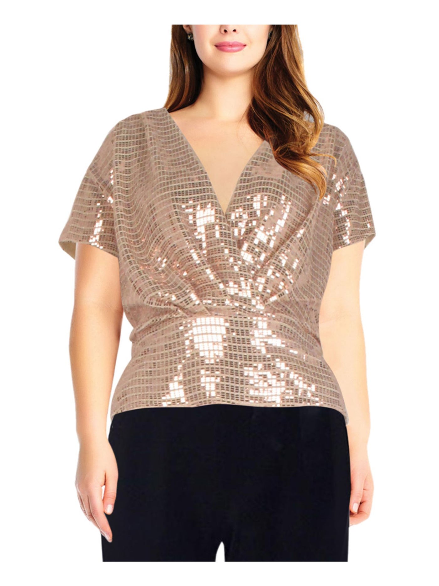 ADRIANNA PAPELL Womens Gold Embellished Metallic Foil-knit Short Sleeve Surplice Neckline Evening Wrap Top Petites 0P