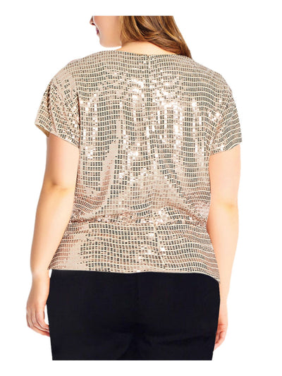 ADRIANNA PAPELL Womens Gold Embellished Metallic Foil-knit Short Sleeve Surplice Neckline Evening Wrap Top 2