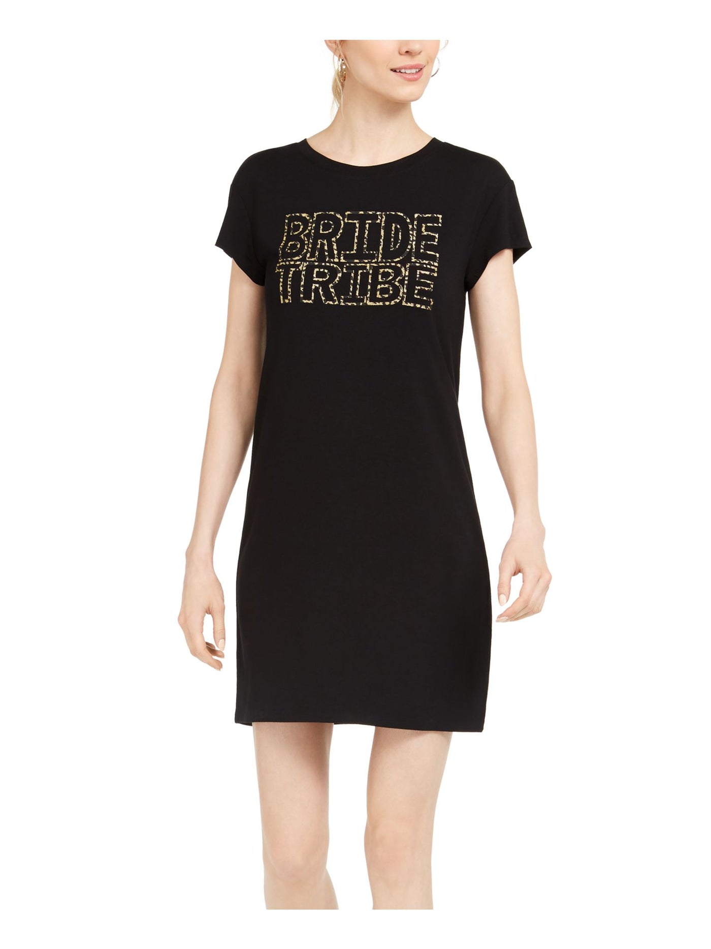 ADRIANNA PAPELL Womens Black Glitter Printed Short Sleeve Crew Neck Mini Shift Dress M