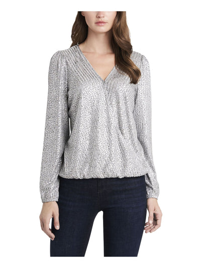 VINCE CAMUTO Womens Silver Long Sleeve V Neck Evening Top XS