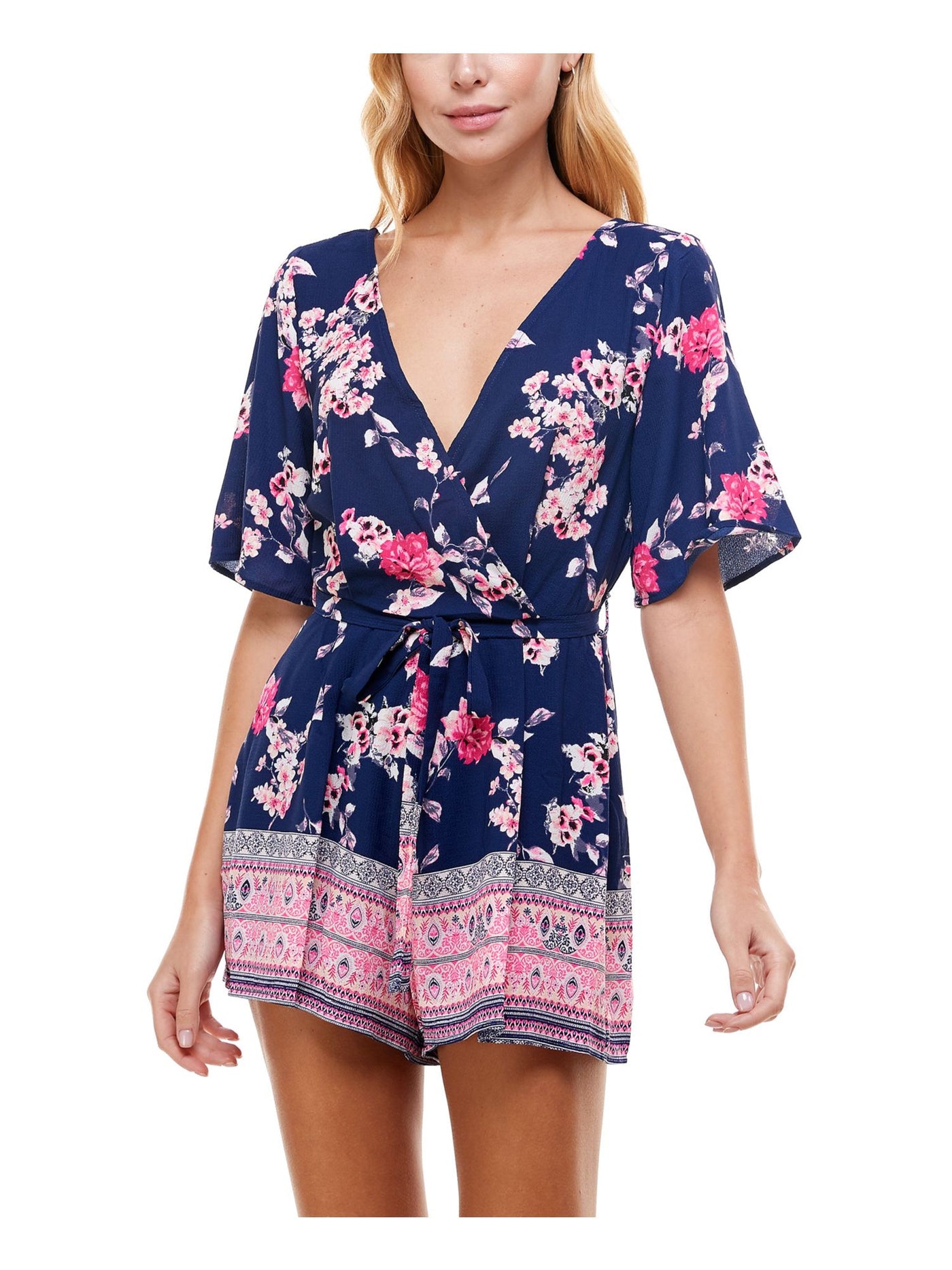 TRIXXI Womens Navy Stretch Belted Floral Surplice Neckline Romper Juniors L