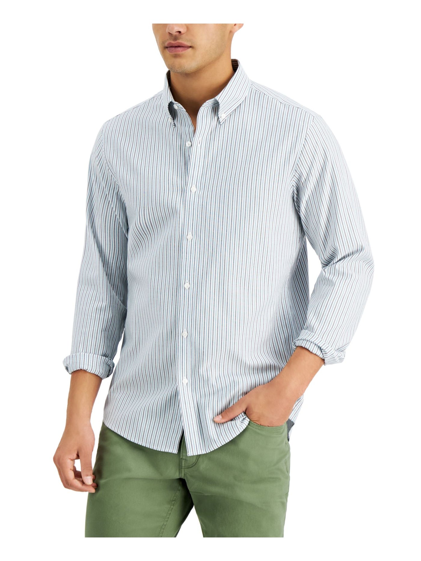 MICHAEL KORS Mens Green Pinstripe Collared Slim Fit Button Down Cotton Cotton Shirt S