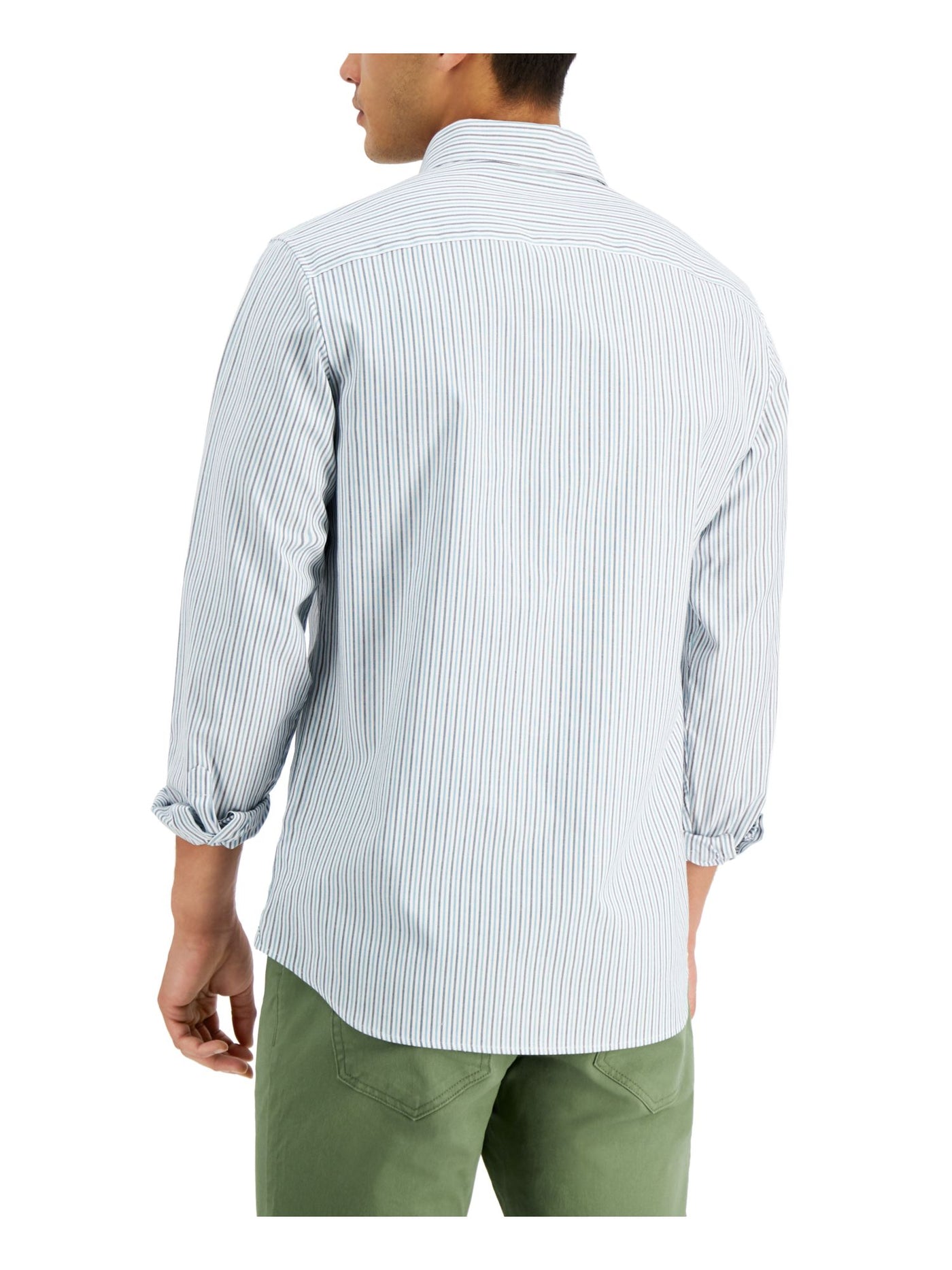 MICHAEL KORS Mens Green Pinstripe Collared Slim Fit Button Down Cotton Cotton Shirt S