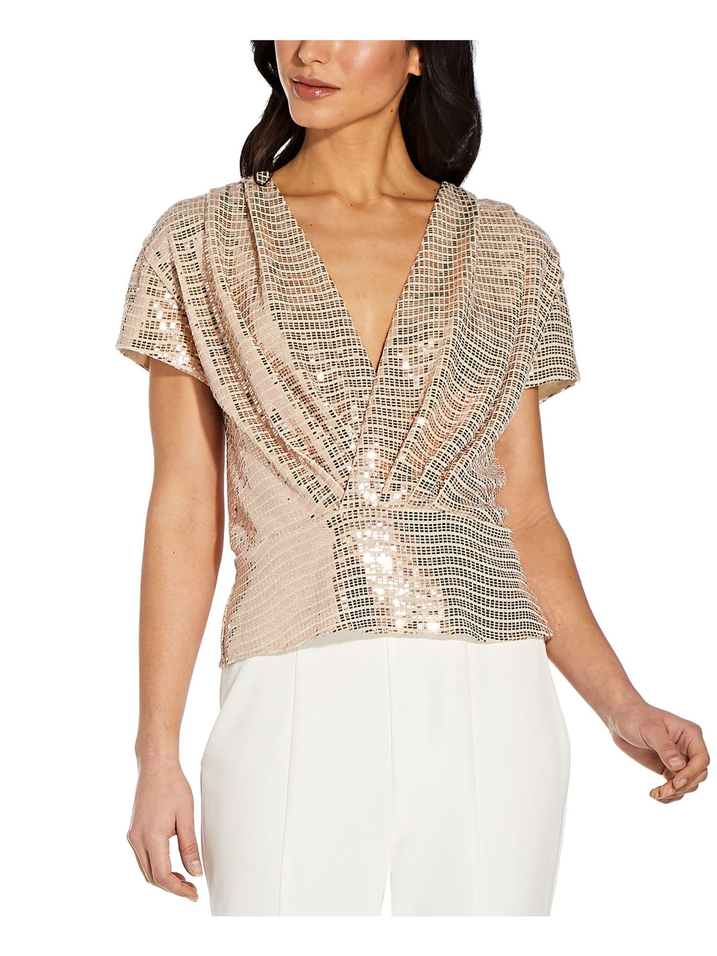 ADRIANNA PAPELL Womens Embellished Metallic Foil-knit Short Sleeve Surplice Neckline Evening Wrap Top