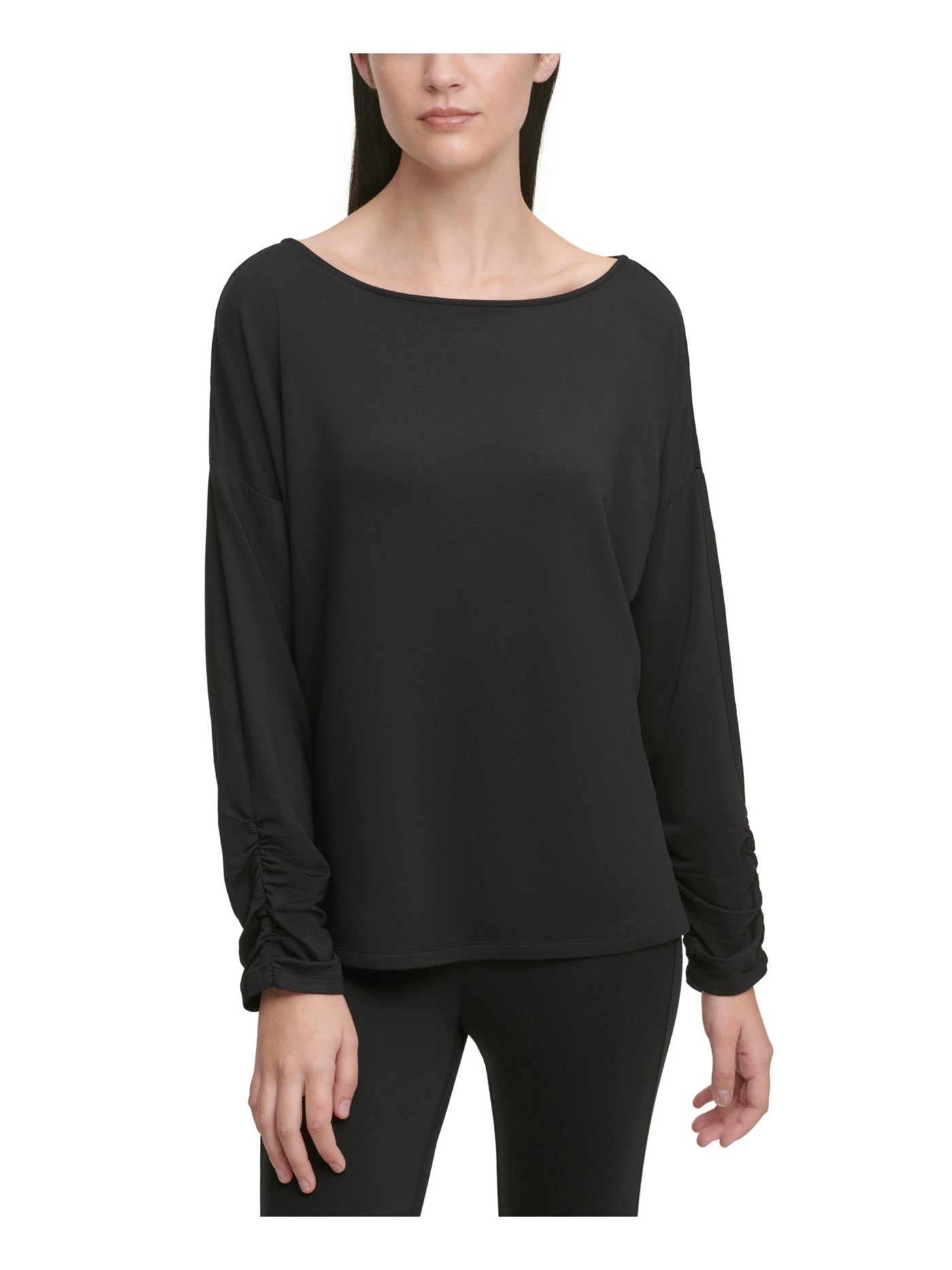 DKNY Womens Ruched Long Sleeve Scoop Neck T-Shirt
