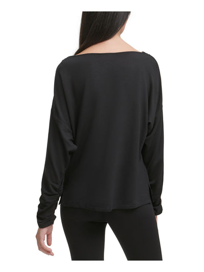 DKNY Womens Black Ruched Long Sleeve Scoop Neck Top XS