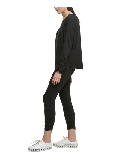 DKNY Womens Black Ruched Long Sleeve Scoop Neck Top S