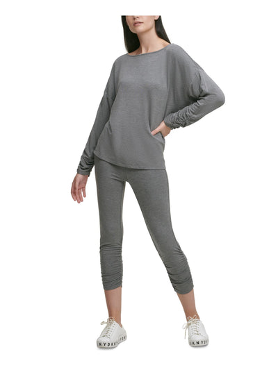 DKNY Womens Gray Ruched Long Sleeve Scoop Neck T-Shirt M