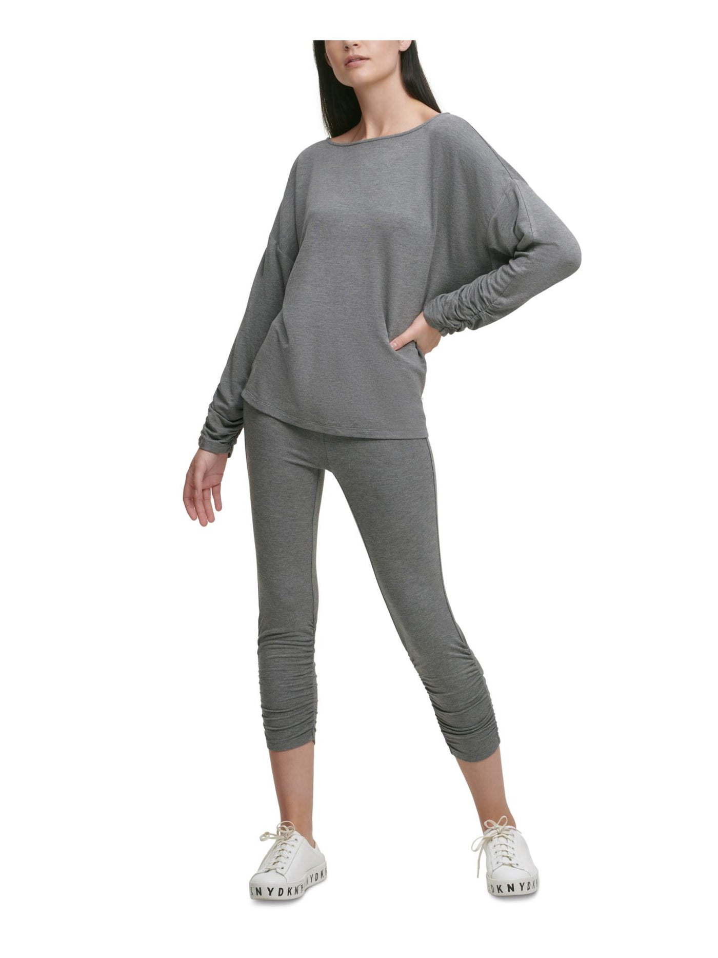 DKNY Womens Gray Ruched Long Sleeve Scoop Neck T-Shirt Size: XXS