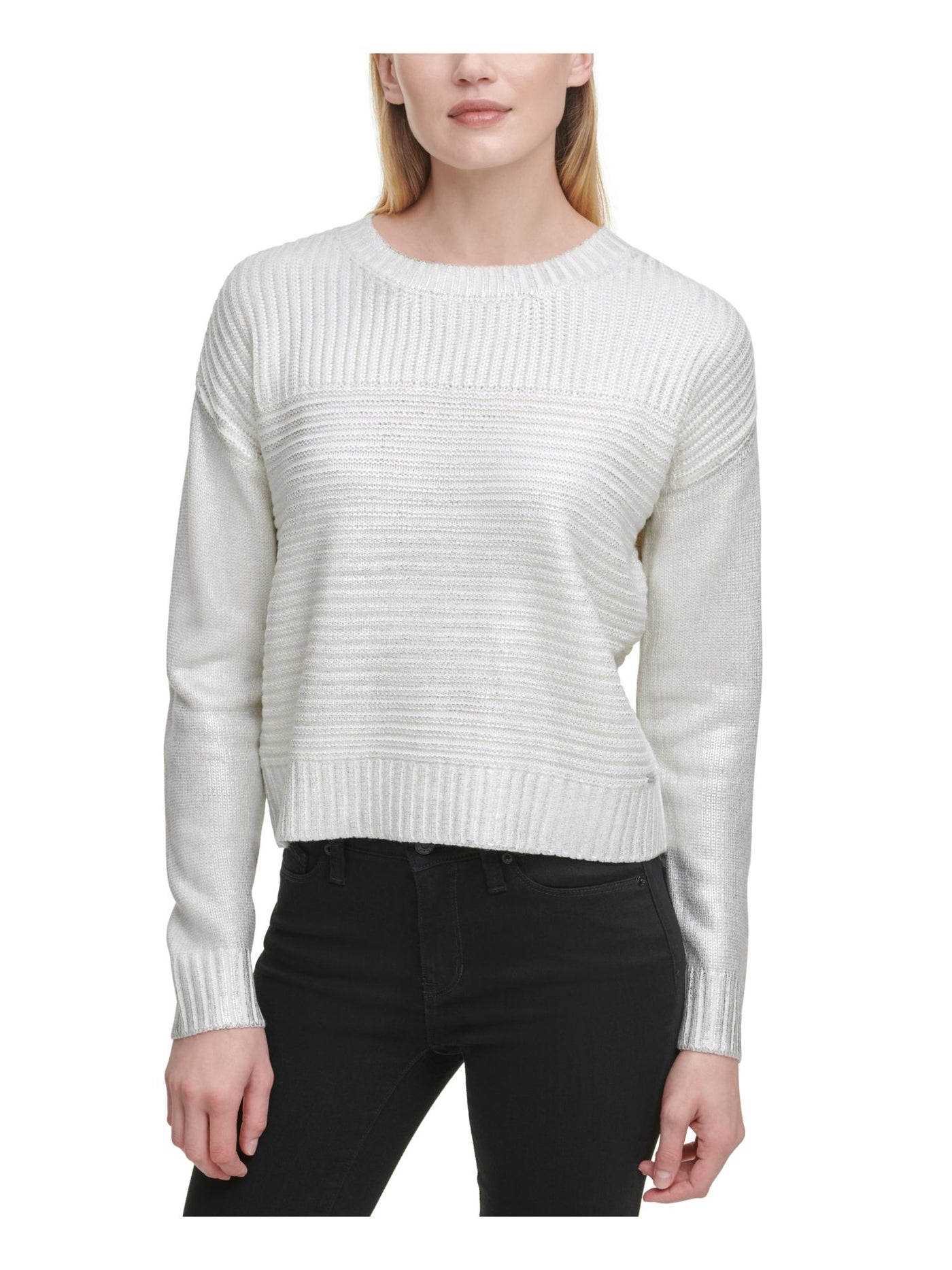 DKNY Womens Ivory Long Sleeve Crew Neck Sweater XXS