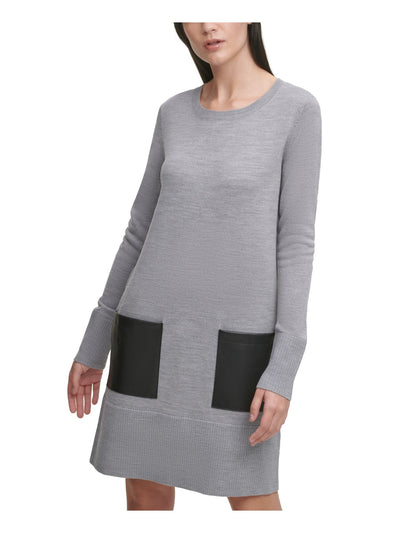 DKNY Womens Gray Pocketed Sweater Long Sleeve Crew Neck Above The Knee Shift Dress XXS