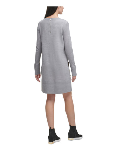 DKNY Womens Gray Pocketed Sweater Long Sleeve Crew Neck Above The Knee Shift Dress XXS