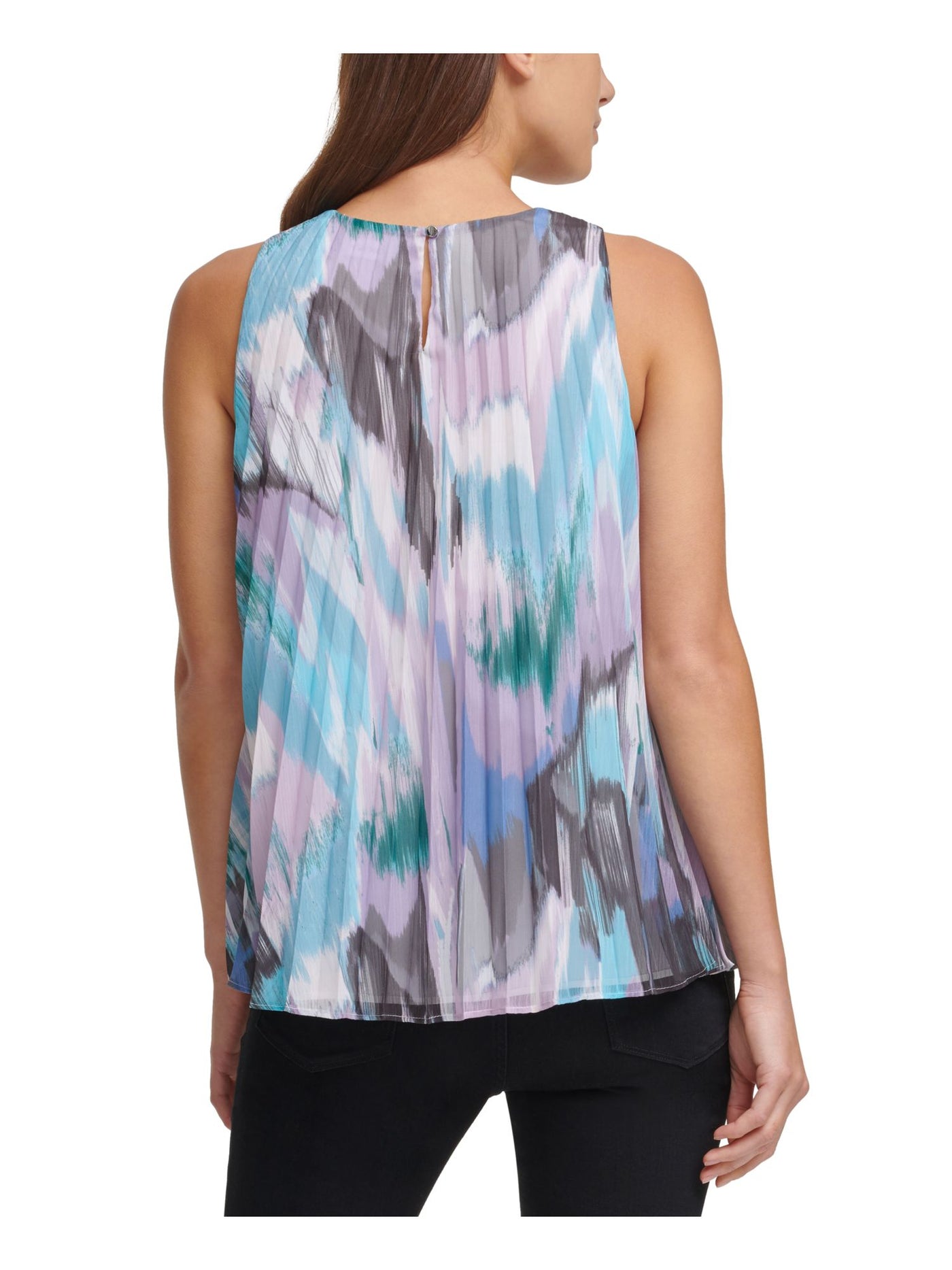 DKNY Womens Purple Pleated Chiffon Printed Sleeveless Scoop Neck Top XXS