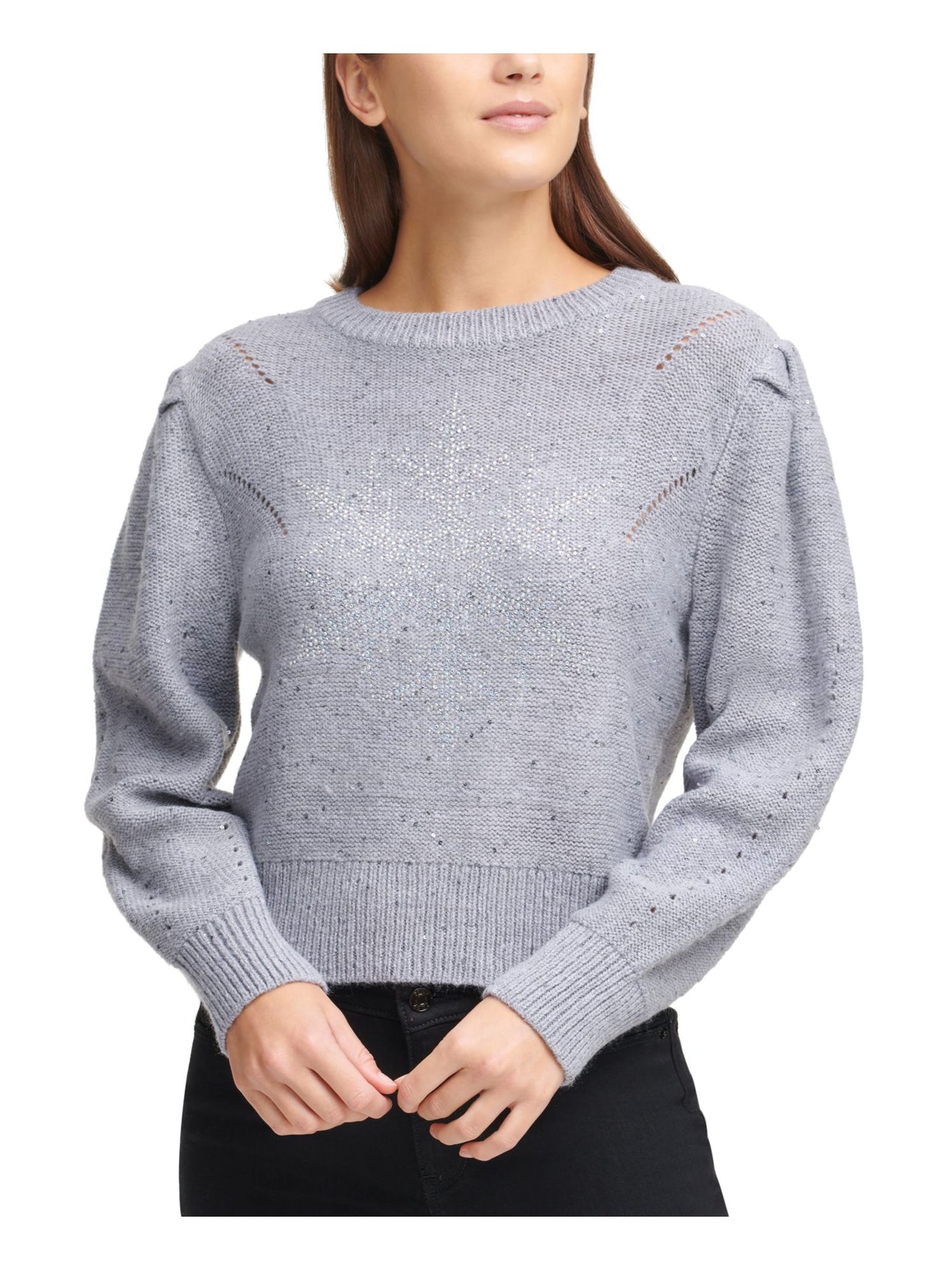 DKNY Womens Sequined Puffed Shoulders Long Sleeve Jewel Neck Sweater