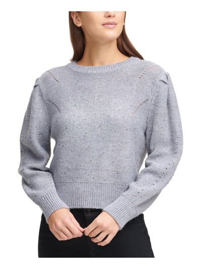DKNY Womens Gray Sequined Puffed Shoulders Long Sleeve Jewel Neck Sweater XL