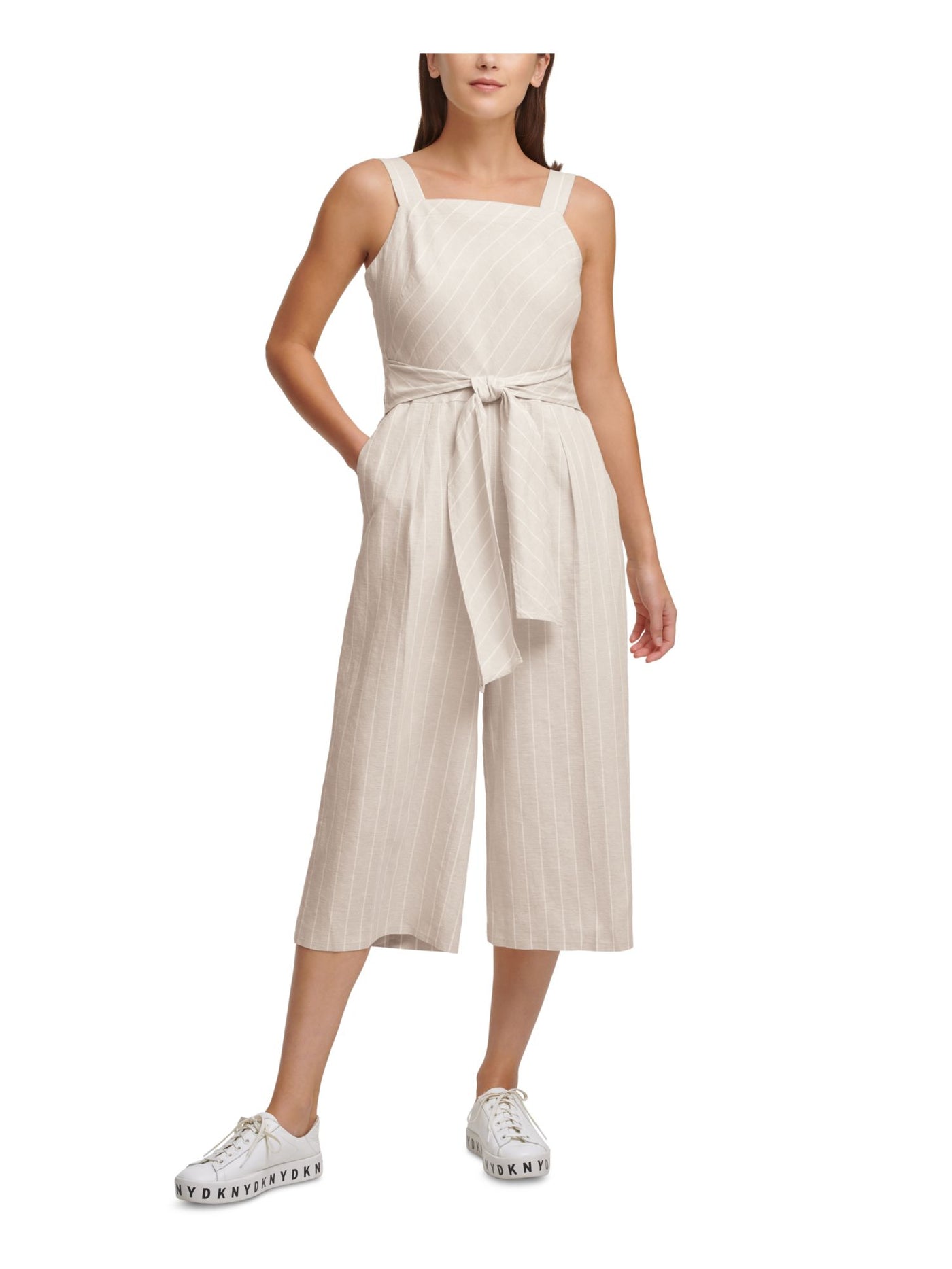 DKNY Womens Beige Zippered Pocketed Tie Front Striped Sleeveless Square Neck Wide Leg Jumpsuit L