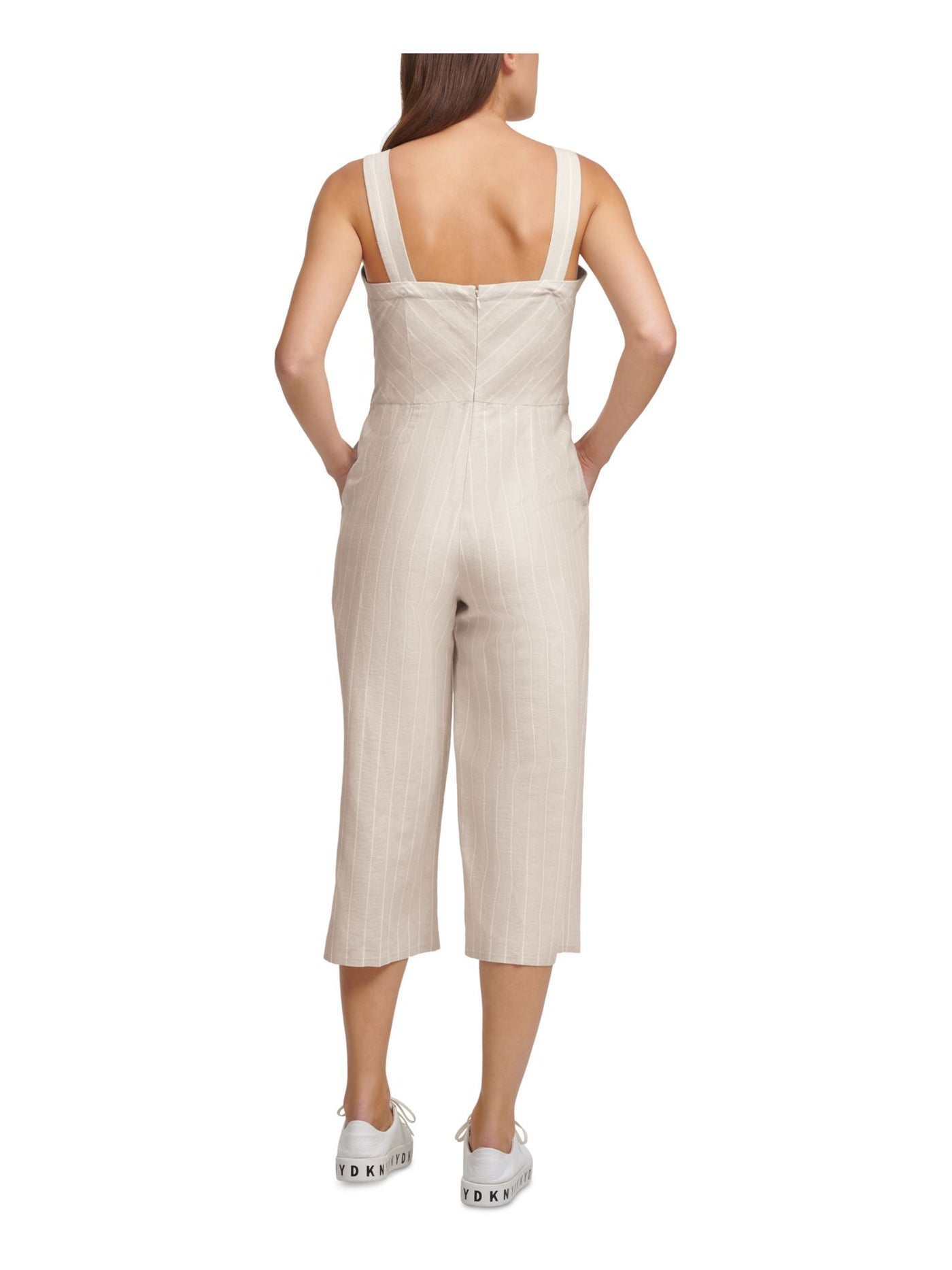 DKNY Womens Beige Zippered Pocketed Tie Front Striped Sleeveless Square Neck Wide Leg Jumpsuit M