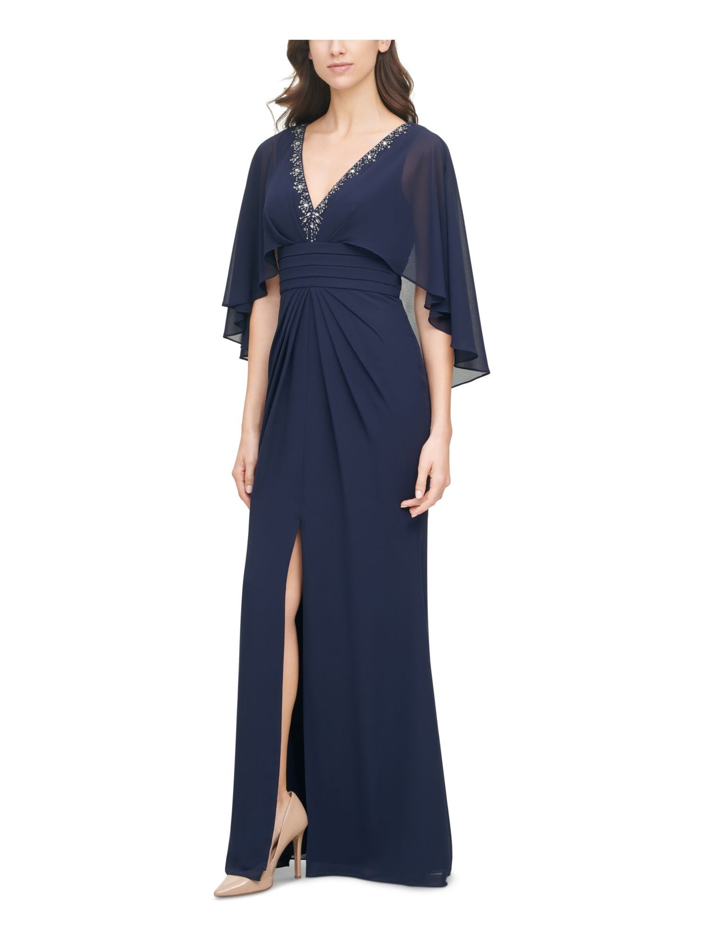 VINCE CAMUTO Womens Embellished Slitted Capelet Detail Pleated Flutter Sleeve V Neck Full-Length Evening Gown Dress