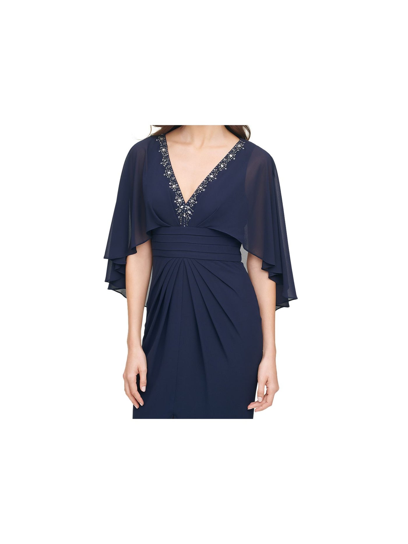 VINCE CAMUTO Womens Navy Embellished Slitted Capelet Detail Pleated Flutter Sleeve V Neck Full-Length Evening Gown Dress 2