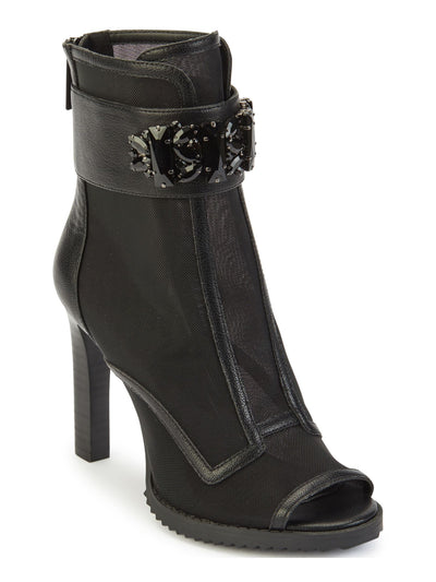 KARL LAGERFELD PARIS Womens Black Mixed Media Mesh Sheer Embellished Blayze Peep Toe Block Heel Zip-Up Dress Booties 5.5 M