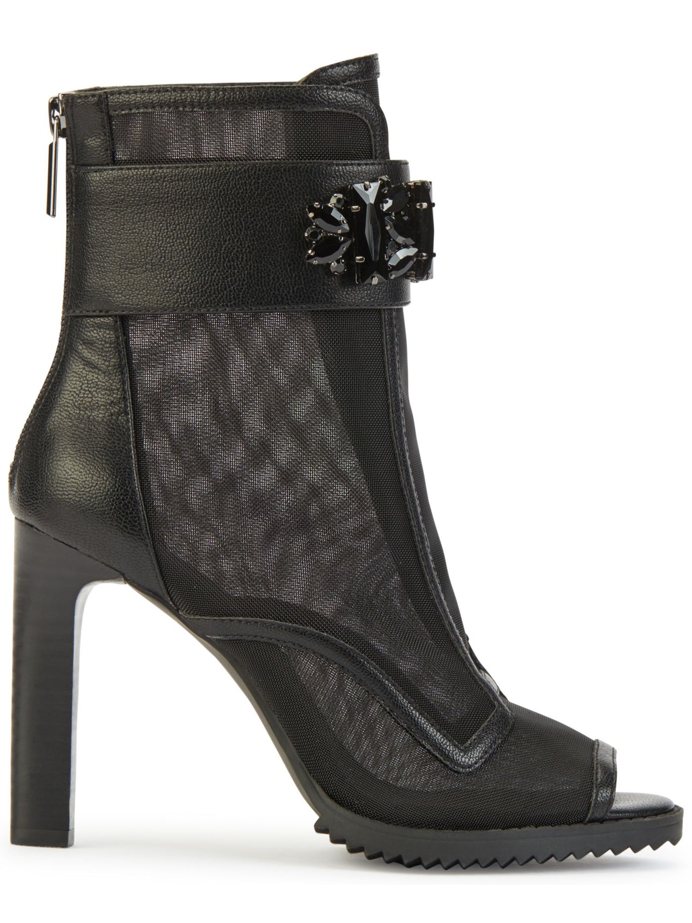 KARL LAGERFELD PARIS Womens Black Mixed Media Mesh Sheer Embellished Blayze Peep Toe Block Heel Zip-Up Dress Booties 5.5 M