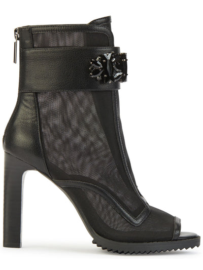 KARL LAGERFELD PARIS Womens Black Mixed Media Mesh Sheer Embellished Blayze Peep Toe Block Heel Zip-Up Dress Booties 5.5 M