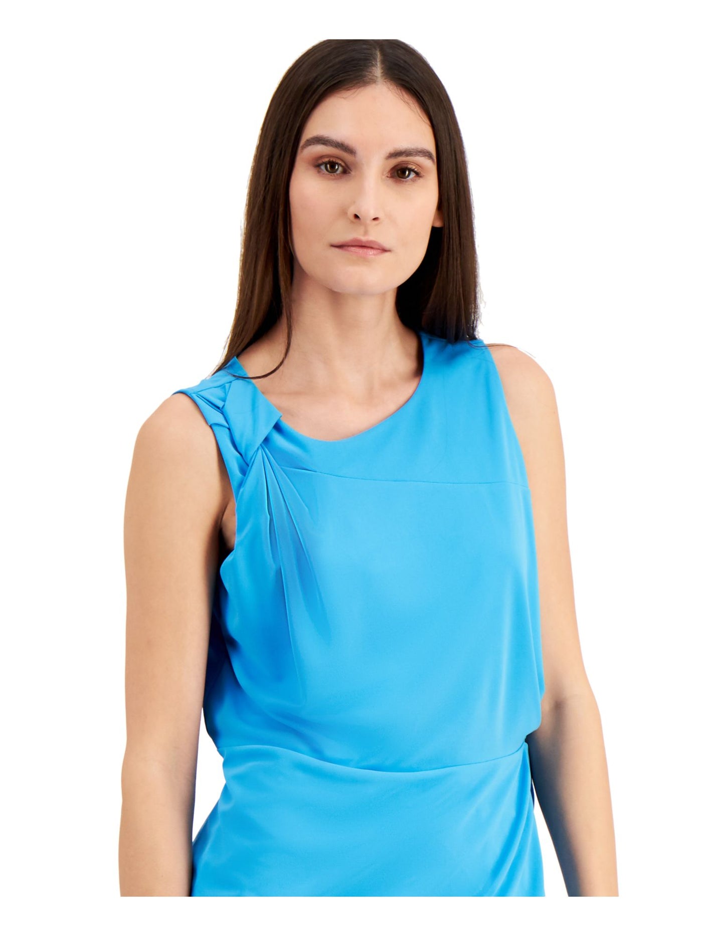 ALFANI Womens Blue Ruched Twist-front Sleeveless Jewel Neck Top M