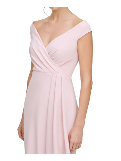 ELIZA J Womens Stretch Zippered Pleated Side-drape Cap Sleeve Off Shoulder Full-Length Formal Gown Dress
