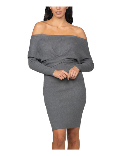 BEBE Womens Gray Stretch Twist Front Twist-front Heather Dolman Sleeve Off Shoulder Above The Knee Evening Sweater Dress  S