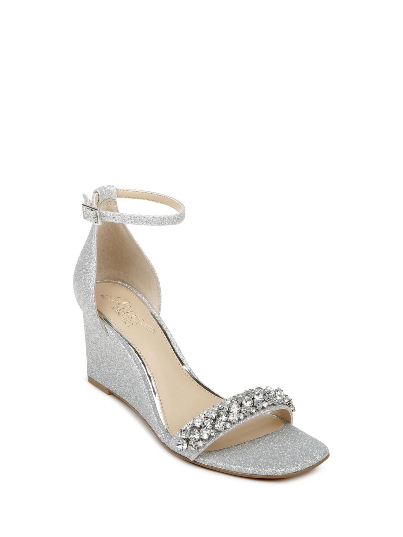 JEWEL BADGLEY MISCHKA Womens Silver Embellished Adjustable Peggy Square Toe Wedge Buckle Dress Sandals Shoes 6.5