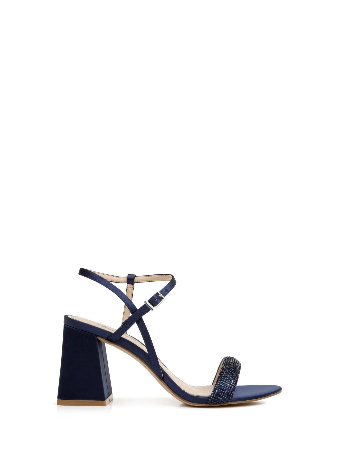 JEWEL BADGLEY MISCHKA Womens Navy Ankle Strap Rhinestone Asymmetrical Earlene Almond Toe Flare Buckle Heeled Sandal 11