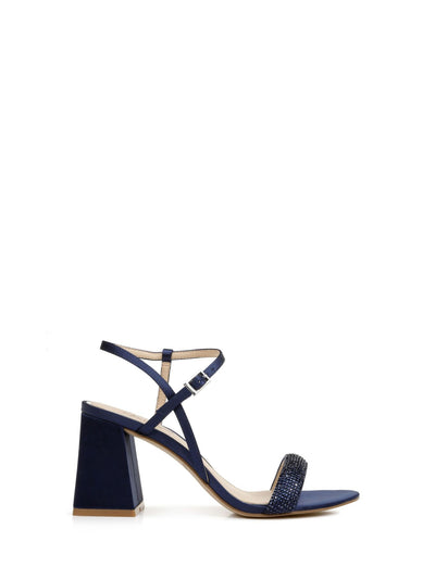 JEWEL BADGLEY MISCHKA Womens Navy Ankle Strap Rhinestone Asymmetrical Earlene Almond Toe Flare Buckle Heeled Sandal 11