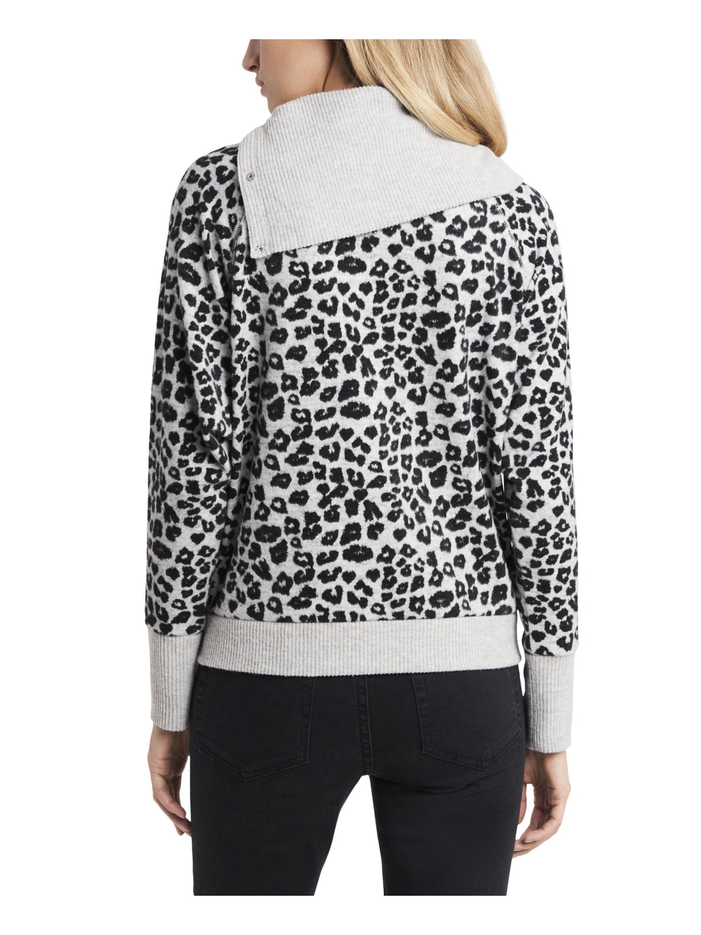 VINCE CAMUTO Womens Gray Ribbed Fold Over Neck With Snaps Animal Print Long Sleeve Top XS
