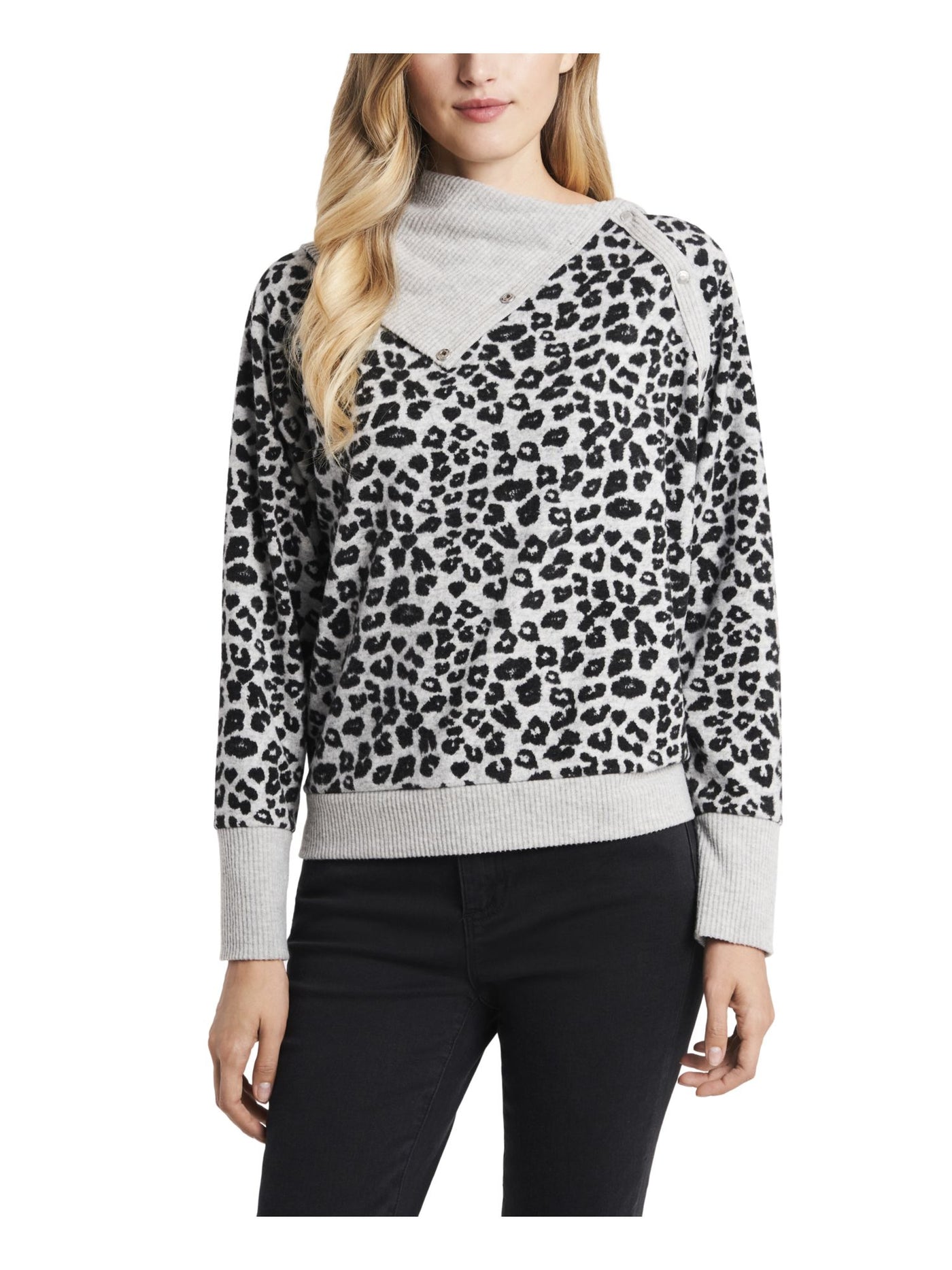 VINCE CAMUTO Womens Gray Ribbed Fold Over Neck With Snaps Animal Print Long Sleeve Top XS