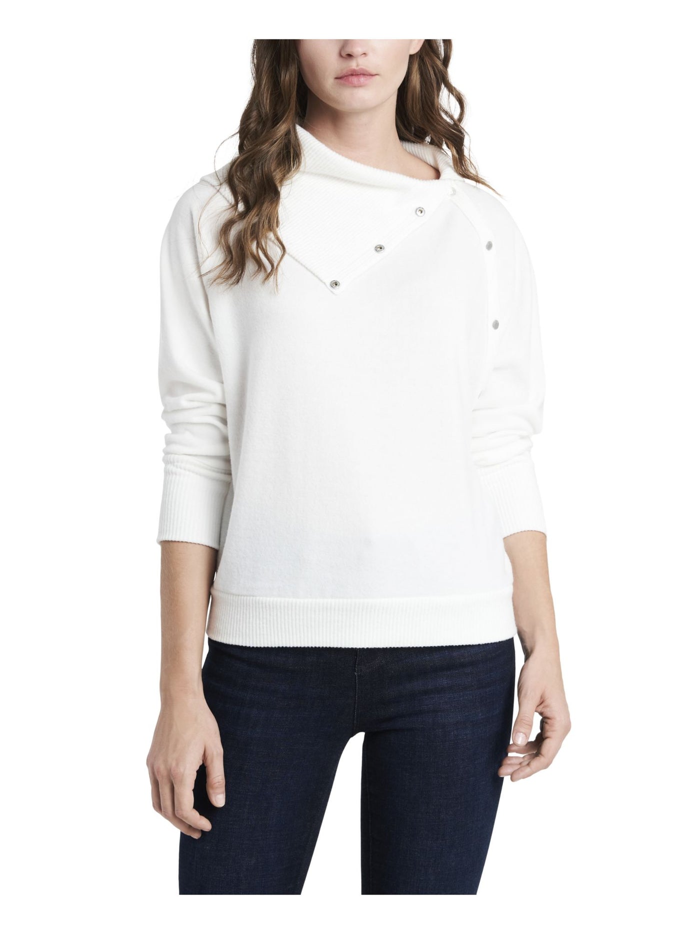 VINCE CAMUTO Womens Stretch Ribbed Fold Over Neck With Snaps Long Sleeve Wear To Work Top