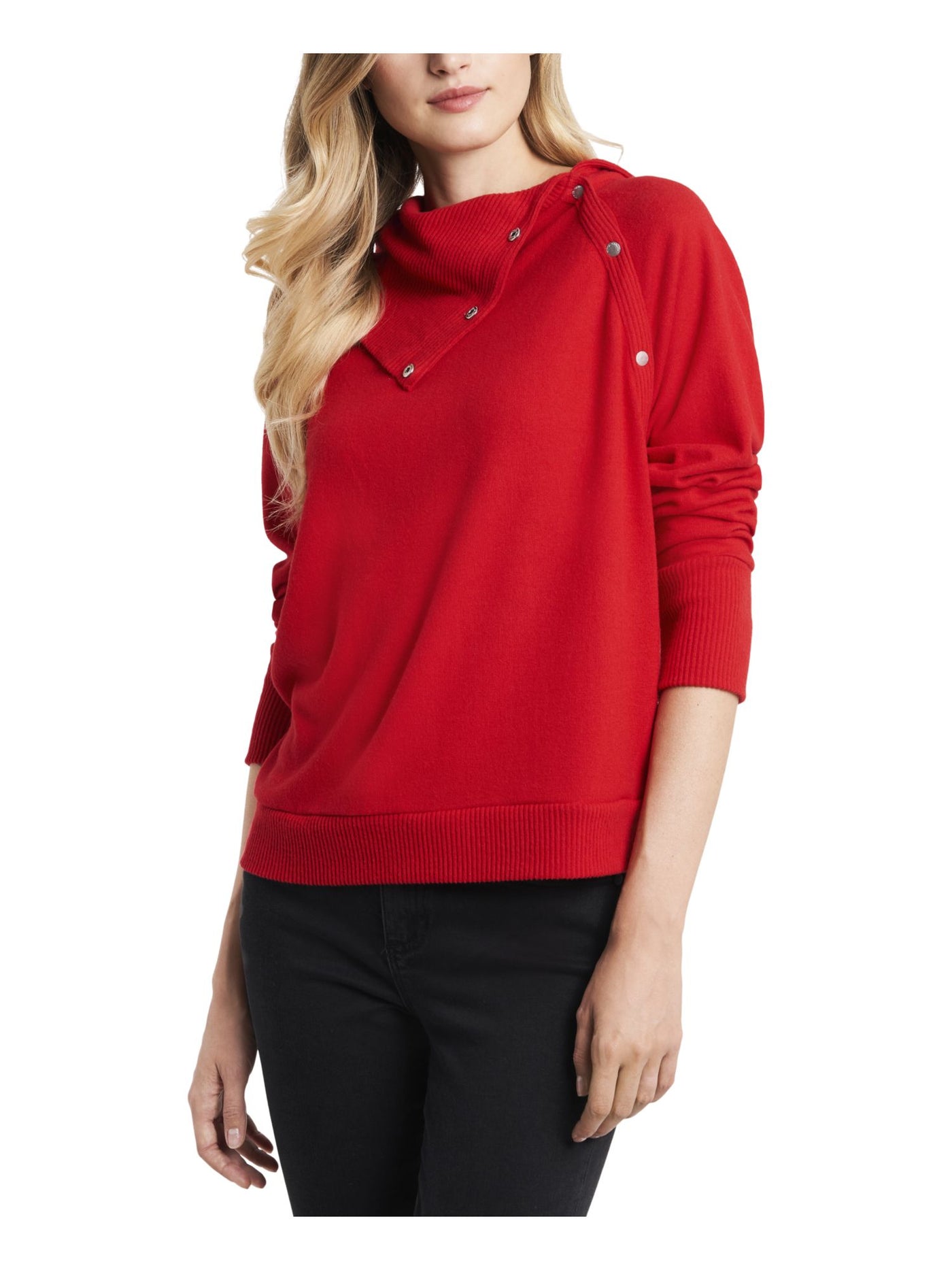 VINCE CAMUTO Womens Red Stretch Ribbed Fold Over Neck With Snaps Long Sleeve Sweater M