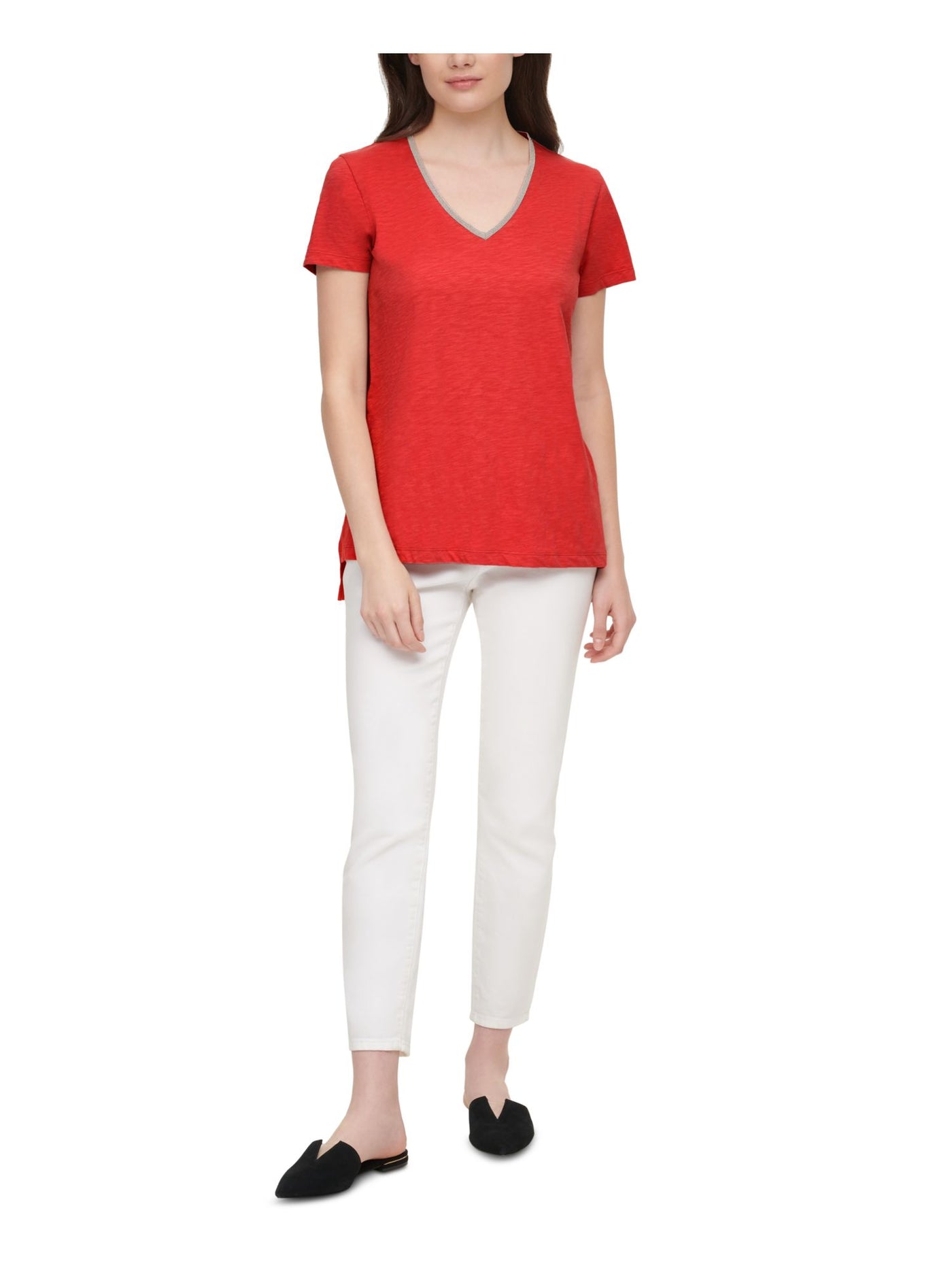 DKNY JEANS Womens Red Embellished Short Sleeve V Neck T-Shirt L
