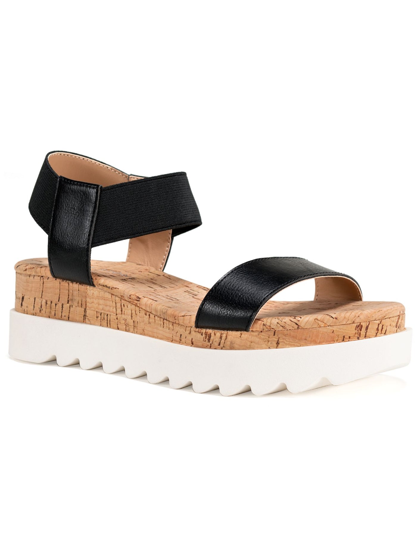 SUN STONE Womens Black 1" Platform Cork-Like Stretch Comfort Ankle Strap Slip Resistant Melanyy Round Toe Wedge Slip On Sandals Shoes 8 M