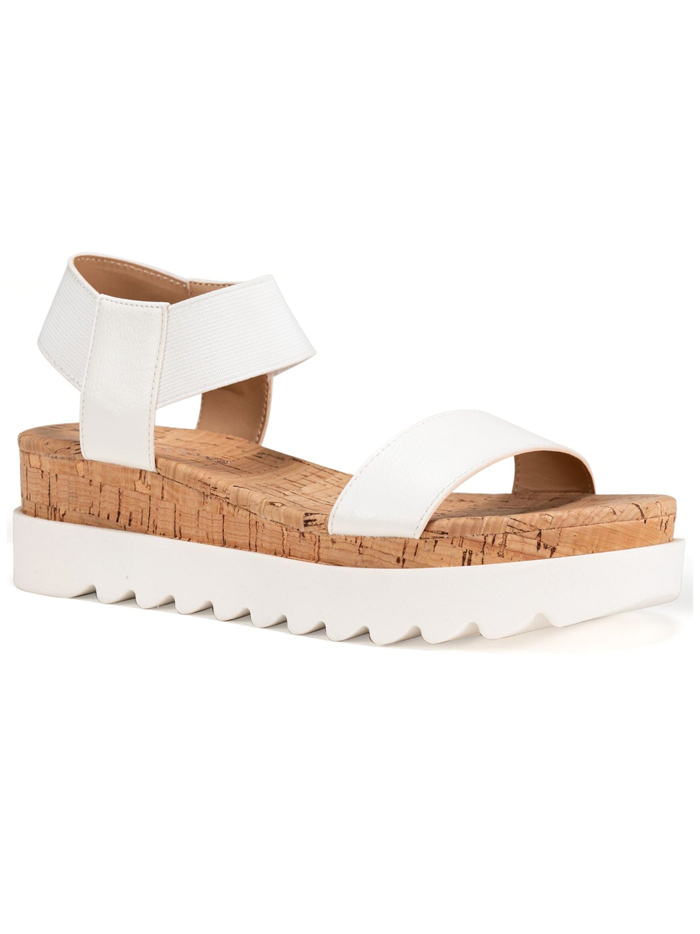 SUN STONE Womens White 1" Platform Cork-Like Stretch Comfort Ankle Strap Slip Resistant Melanyy Round Toe Wedge Slip On Sandals Shoes 9.5 M