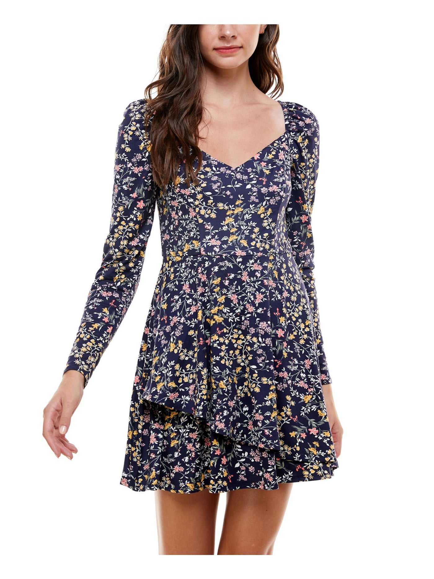 EMERALD SUNDAE Womens Navy Ruffled Pullover Styling Pouf Sleeve V Neck Mini Party Fit + Flare Dress XL